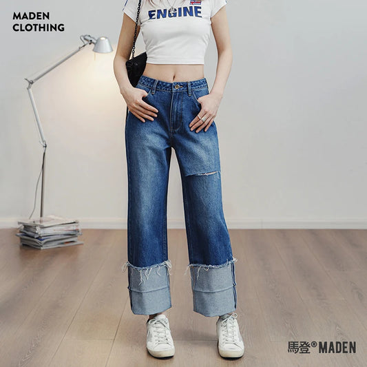 Women Ripped Denim Jeans Washed Jeans 12.8 OZ Vintage Do Old Straight Full Length Pants Mid Waist Casual Blue Jeans