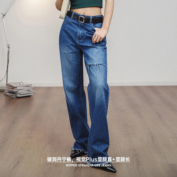 Women Ripped Denim Jeans Washed Jeans 12.8 OZ Vintage Do Old Straight Full Length Pants Mid Waist Casual Blue Jeans