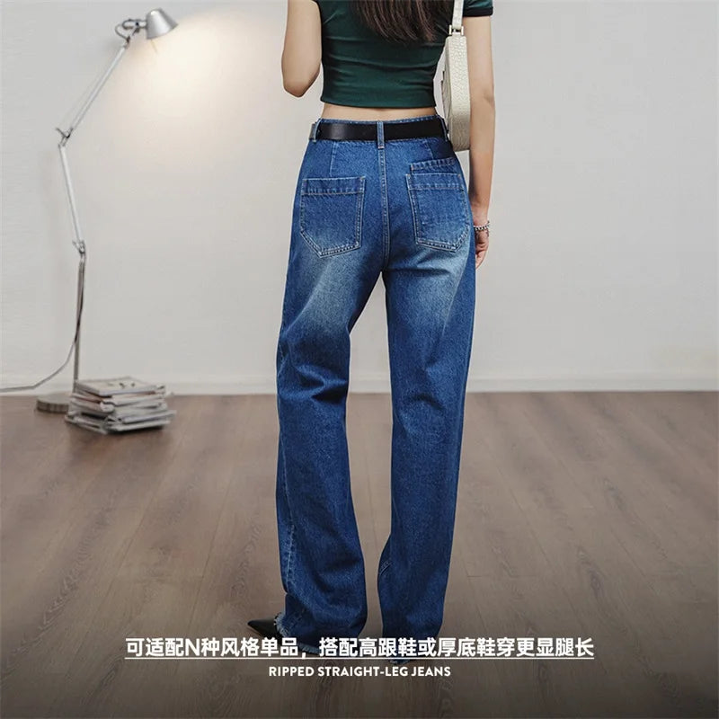 Women Ripped Denim Jeans Washed Jeans 12.8 OZ Vintage Do Old Straight Full Length Pants Mid Waist Casual Blue Jeans