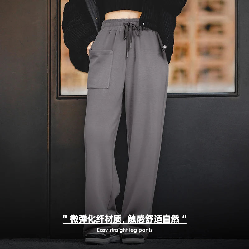 Women Straight Drawstring Elastic Waist Sweatpants Wide Leg Pants Large Pockets Loose Pants Comfortable and Breathable