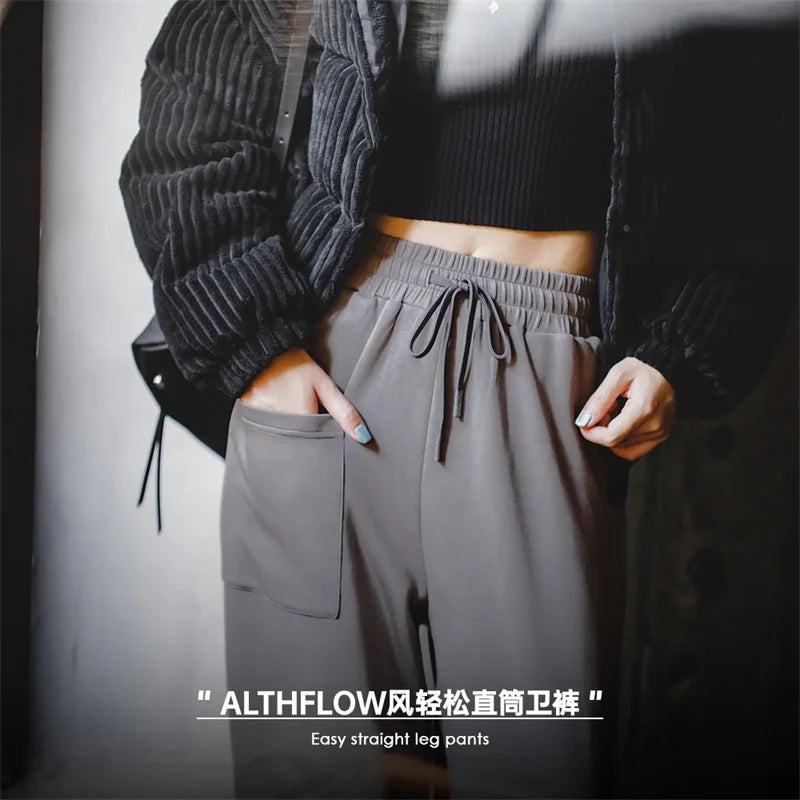 Women Straight Drawstring Elastic Waist Sweatpants Wide Leg Pants Large Pockets Loose Pants Comfortable and Breathable