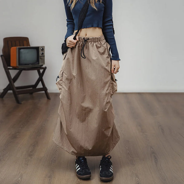 Women Vintage Workwear A-line Skirts Multi-Pocket Tie Draw Pleat Skirt Mid-waist Loose Skirt Spring and Autumn Street Wear