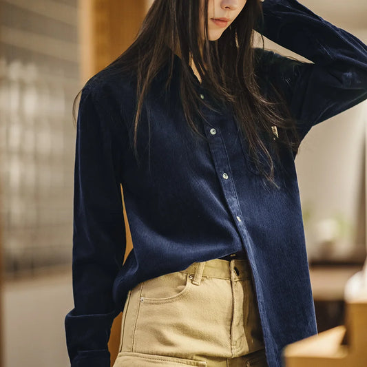 -Women's 100% Cotton Shirt Casual Corduroy Long Sleeve Vintage Tops Women's Blouse Clothing Fashionable Jacket