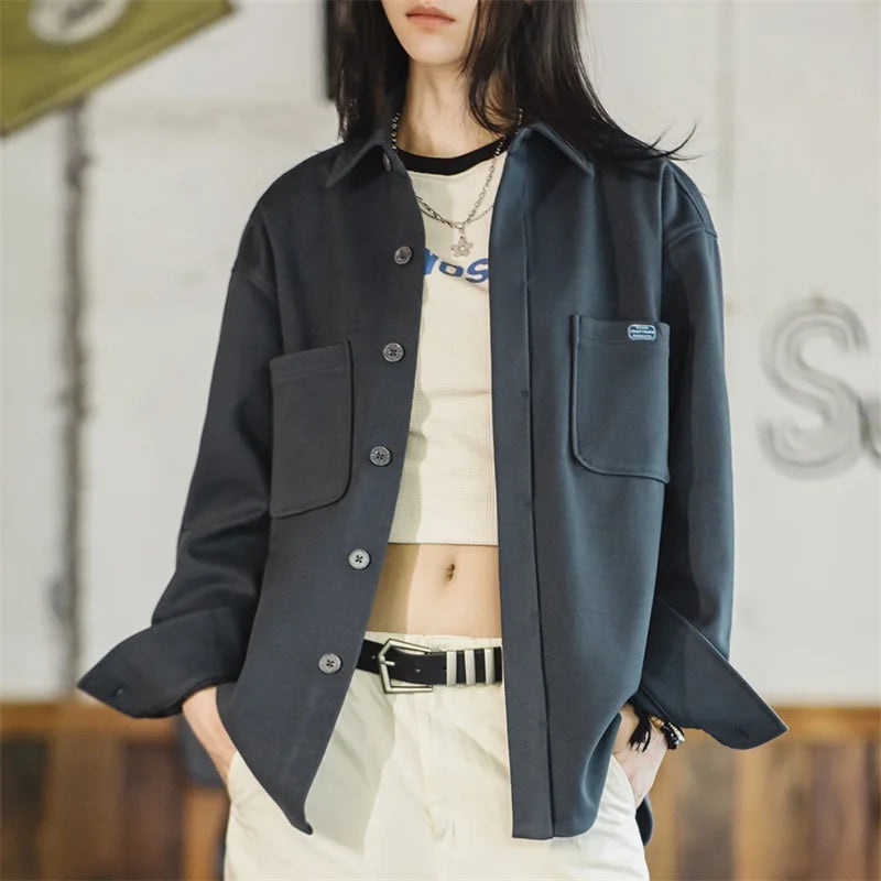 Women's 2023 Autumn Winter American Style Vintage Woolen Shirt Jacket Casual Loose Design Shirt Thick Coat