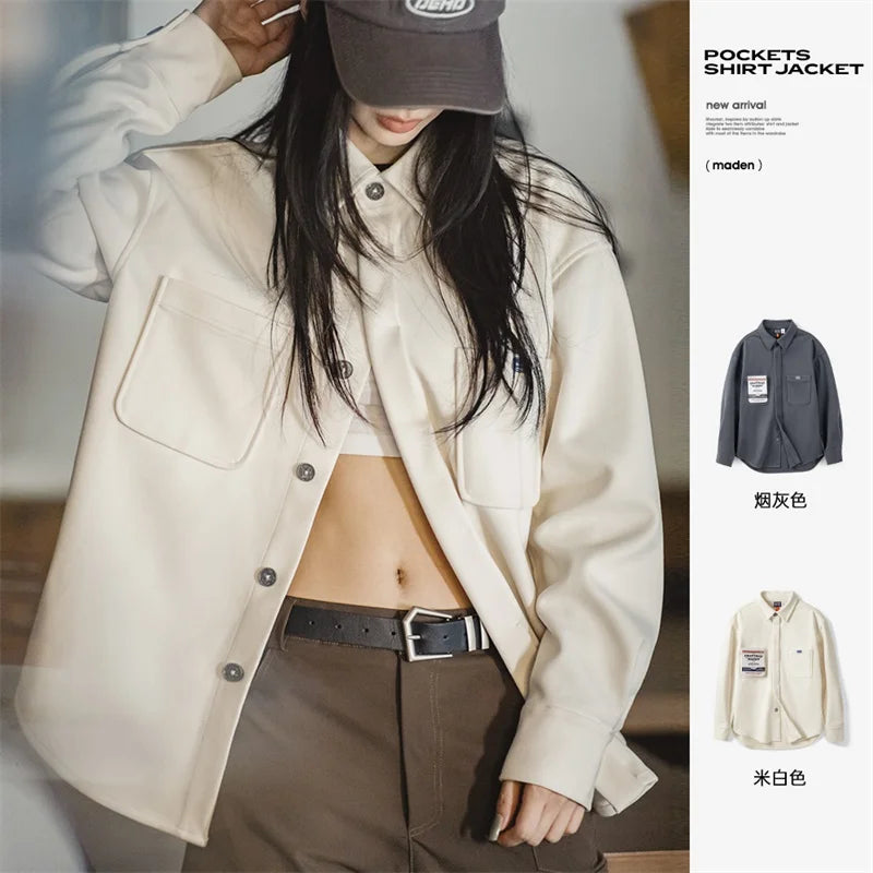 Women's 2023 Autumn Winter American Style Vintage Woolen Shirt Jacket Casual Loose Design Shirt Thick Coat