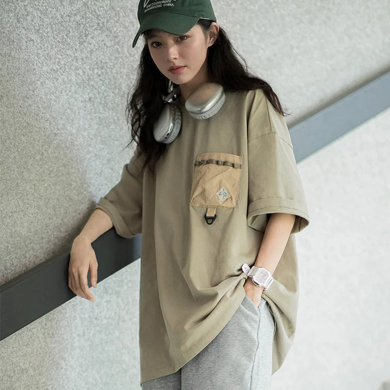 -Women's American Casual Tops, Outdoor Functional Style, Short Sleeve T-shirt, Cotton Pocket, Contrast Panel Tee, Summer