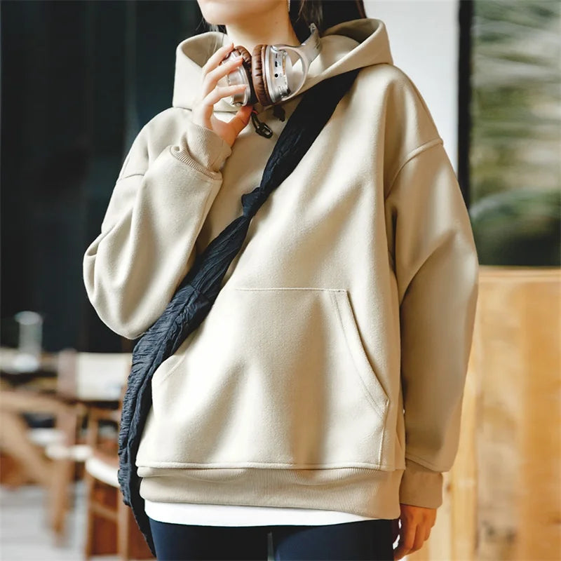 Women's American Heavyweight Woolen Hooded Sweater Winter Casual Loose Thickened Pullover Long Sleeve Top