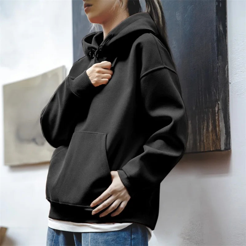 Women's American Heavyweight Woolen Hooded Sweater Winter Casual Loose Thickened Pullover Long Sleeve Top