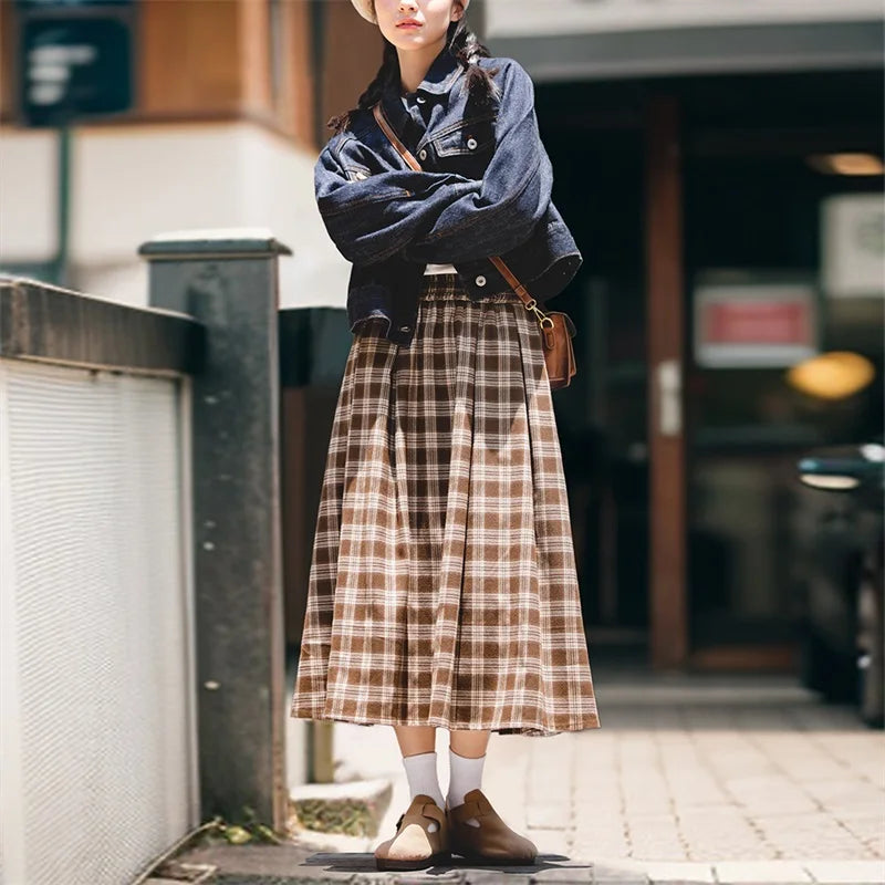 Women's American Plaid Pocket Half Skirt Loose Relaxed Slim High Vintage Plaid Long Umbrella Skirt Autumn