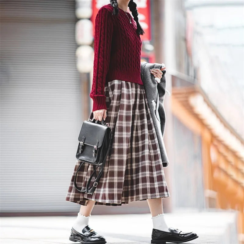 Women's American Plaid Pocket Half Skirt Loose Relaxed Slim High Vintage Plaid Long Umbrella Skirt Autumn