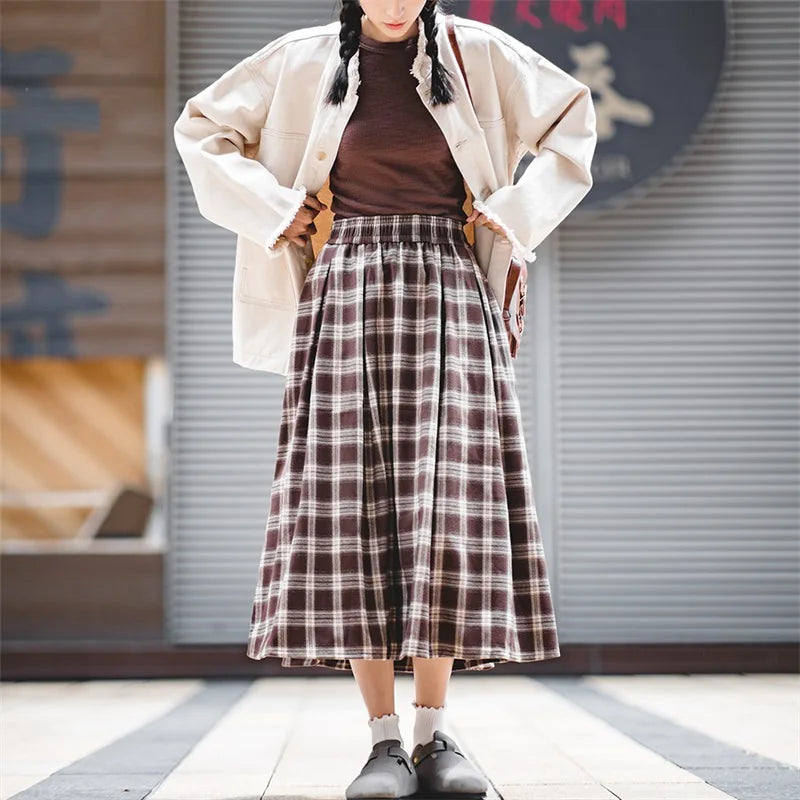 Women's American Plaid Pocket Half Skirt Loose Relaxed Slim High Vintage Plaid Long Umbrella Skirt Autumn