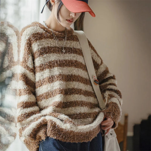 Women's American Pullover Loop Velvet Stripe Sweater Autumn Winter Knit Warm Top Underlay