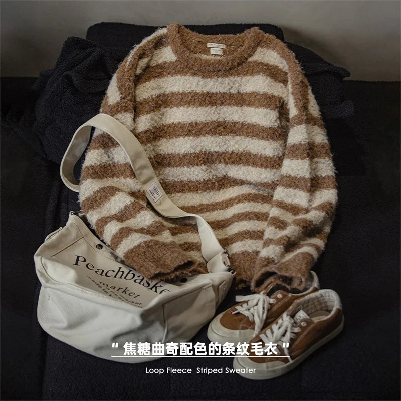 Women's American Pullover Loop Velvet Stripe Sweater Autumn Winter Knit Warm Top Underlay