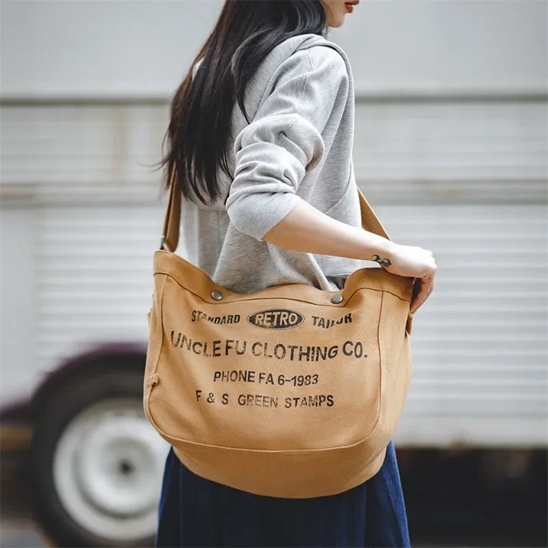 Women's American Retro Large Capacity Crossbody Newsboy Bag Letter Canvas Locomotive Computer Tote Postman Bag