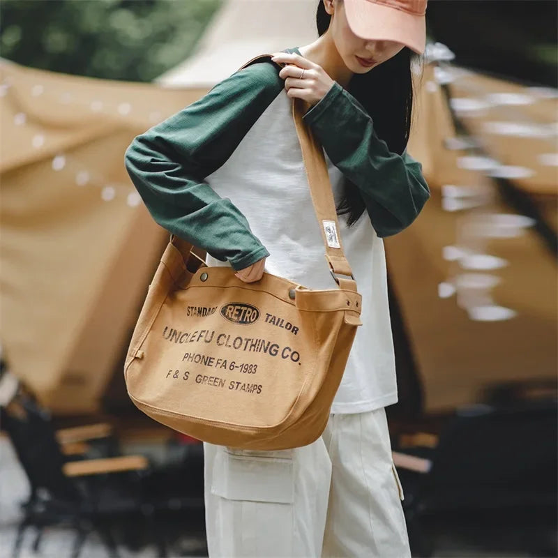 Women's American Retro Large Capacity Crossbody Newsboy Bag Letter Canvas Locomotive Computer Tote Postman Bag