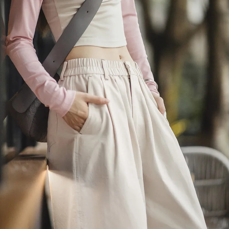 Women's Autumn Vintage High Waist Lantern Pants Pure Cotton Straight Tube Casual Pants Loose Commuter Wide Leg Pants