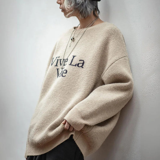 Women's Autumn Winter Knitwear Vintage Letter Print Pullover Sweater Thickened Loose Slouchy Knitted Top