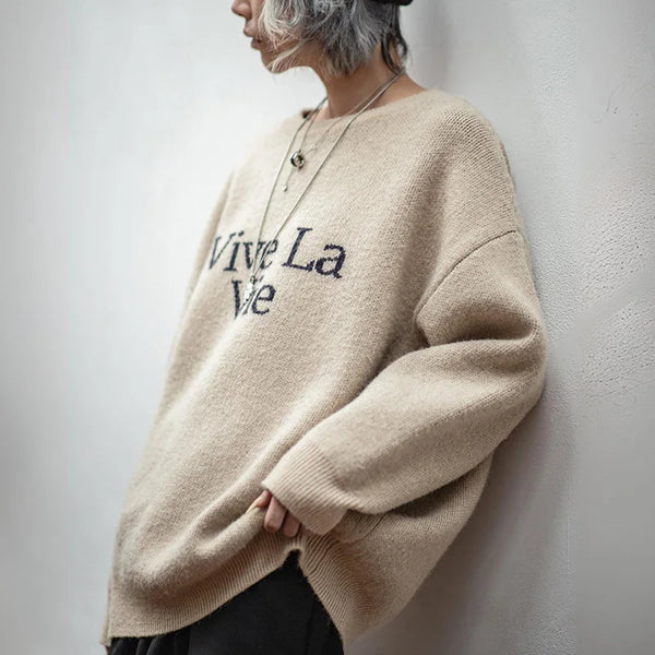 Women's Autumn Winter Knitwear Vintage Letter Print Pullover Sweater Thickened Loose Slouchy Knitted Top