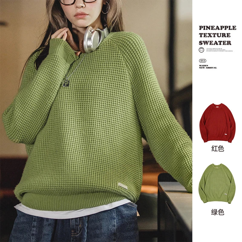 Women's Autumn Winter Pineapple Pattern Top Raglan Sleeve Solid Sweater Loose Thickened Pullover Knit