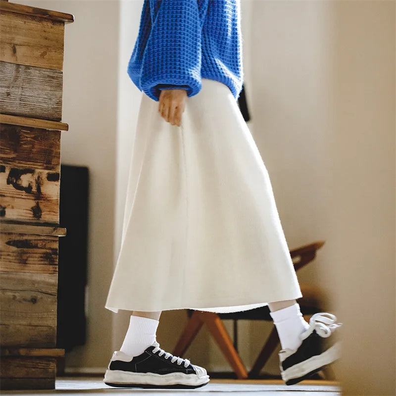 Women's Autumn Winter Retro Ribbed Knitted Half Skirt Small A-line Skirt Mid length Dropped Sweater Half Skirt