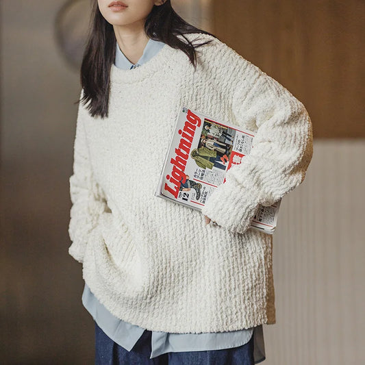 Women's Autumn Winter Vintage Particle Plush Knitted Sweater Soft Glutinous Loose Pullover Knitted Sweater