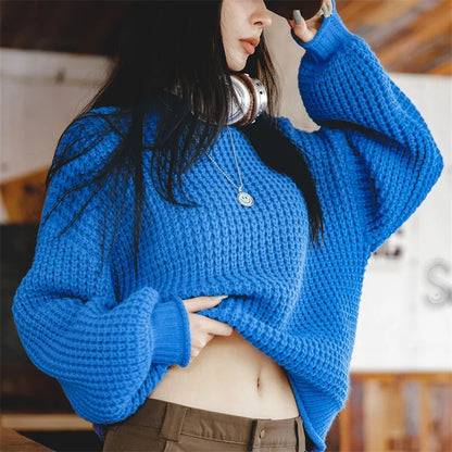 Women's Blue Lazy Pineapple Pattern Sweater Dropped Shoulder Lantern Sleeve Top Knitted Shirt Autumn Winter