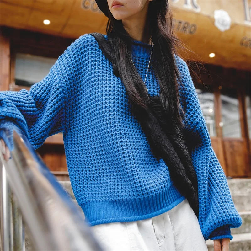 Women's Blue Lazy Pineapple Pattern Sweater Dropped Shoulder Lantern Sleeve Top Knitted Shirt Autumn Winter