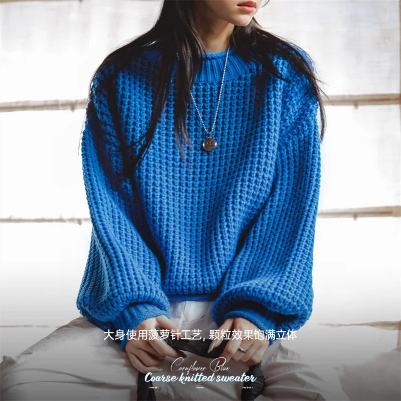 Women's Blue Lazy Pineapple Pattern Sweater Dropped Shoulder Lantern Sleeve Top Knitted Shirt Autumn Winter