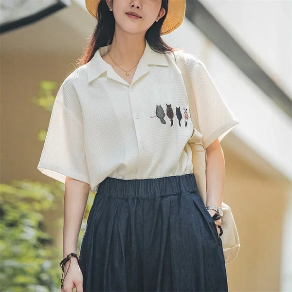 Women's Casual Embroidered Short Sleeve Shirt 2023 Summer Loose Oversize Blouse Shirts Korean Y2K Vintage Cute White Tops