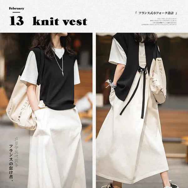 Women's Casual V-neck Knitted Vest Vintage Black Sleeveless Lace-up Sweater Vests Female Knitwear Tops Oversize Outwear