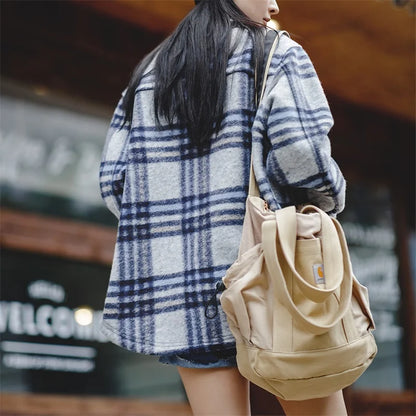 -Women's Contrast Checked Jacket, American Leisure, Academy Style Denim Coat, Loose Fit, Warm, Autumn, Winter