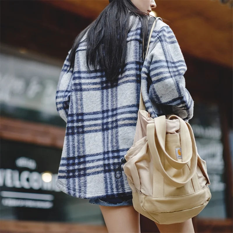 -Women's Contrast Checked Jacket, American Leisure, Academy Style Denim Coat, Loose Fit, Warm, Autumn, Winter