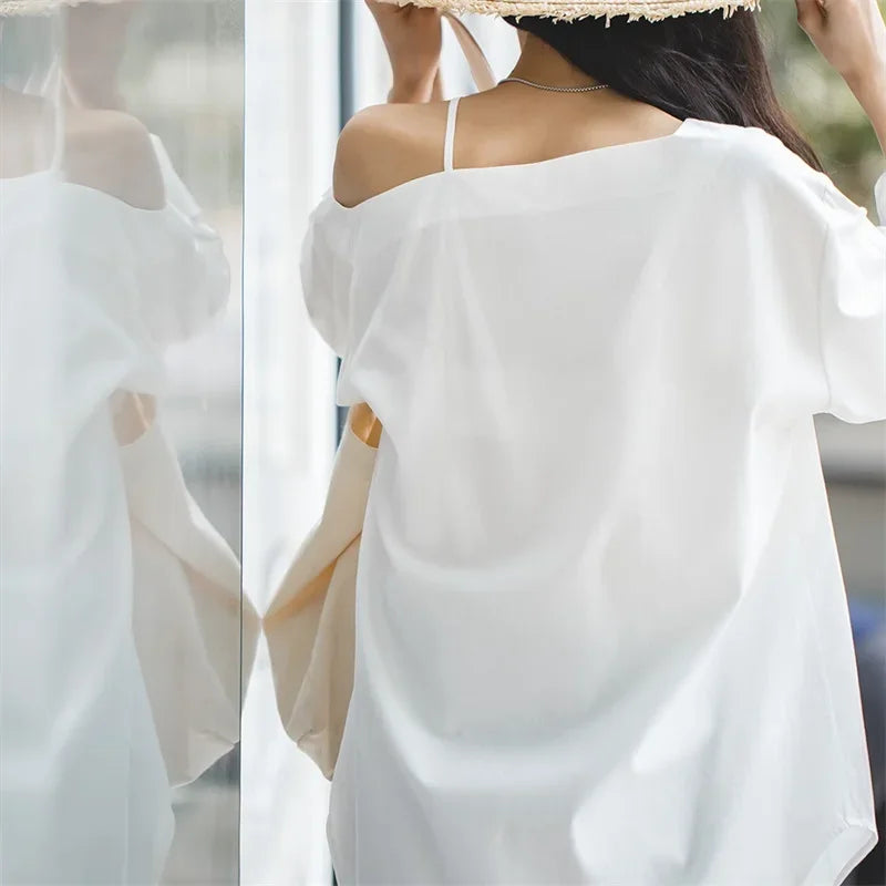 Women's French Casual Irregular Off Shoulder Strap Shirt Summer Design Sense High Grade Slim Long Sleeve Shirt