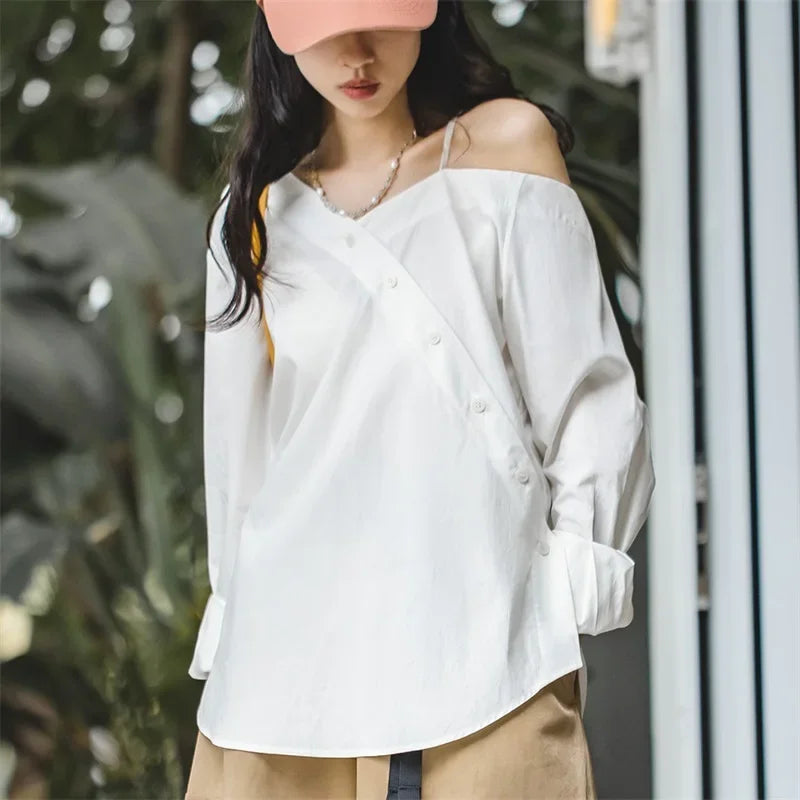 Women's French Casual Irregular Off Shoulder Strap Shirt Summer Design Sense High Grade Slim Long Sleeve Shirt