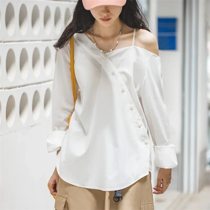 Women's French Casual Irregular Off Shoulder Strap Shirt Summer Design Sense High Grade Slim Long Sleeve Shirt