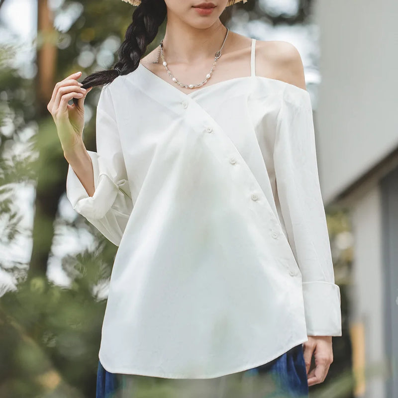 Women's French Casual Irregular Off Shoulder Strap Shirt Summer Design Sense High Grade Slim Long Sleeve Shirt