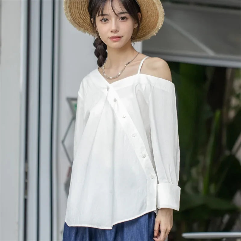 Women's French Casual Irregular Off Shoulder Strap Shirt Summer Design Sense High Grade Slim Long Sleeve Shirt