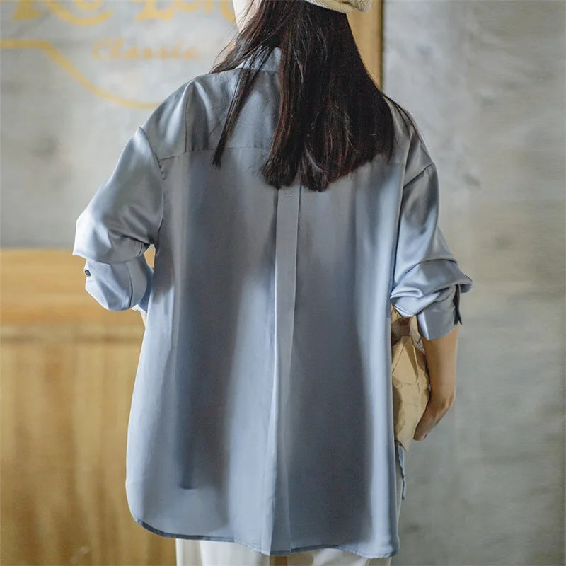 Women's French Casual Lapel Long Sleeve Shirts Loose   Button Down Elegant Cool Blouse Vintage Office Business Solid Tops