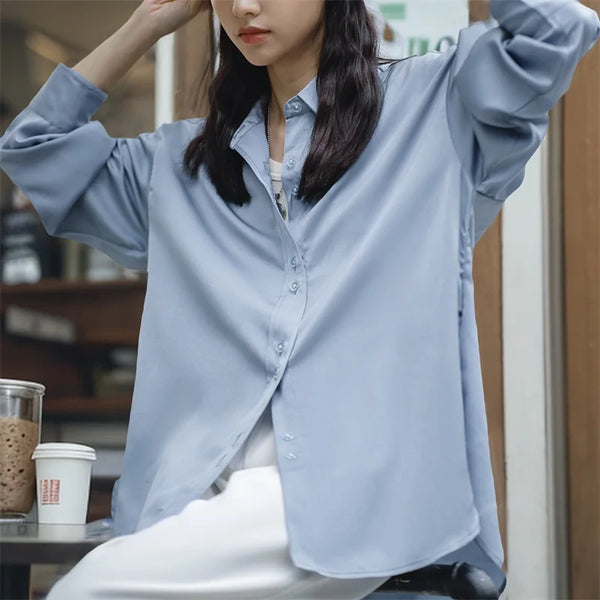 Women's French Casual Lapel Long Sleeve Shirts Loose   Button Down Elegant Cool Blouse Vintage Office Business Solid Tops