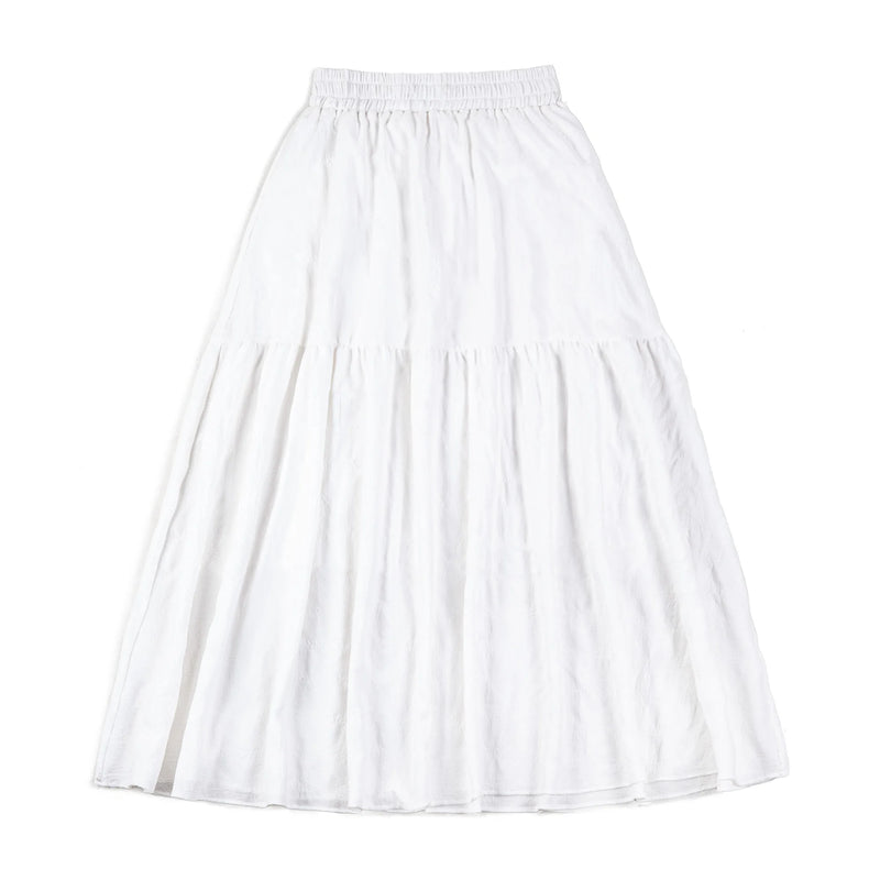 -Women's French Chic and Elegant Long Skirt, Elastic High Waist, A-line, White Textured Ripple, Pleated Midi Dress, Casual