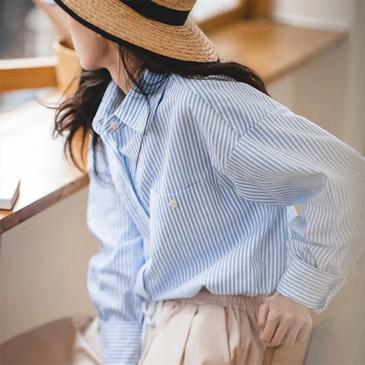 Women's French Classic Blue and White Striped Shirts Oversized Casual Lapel Blouses 2023 Spring Long Sleeve Top Plus Size