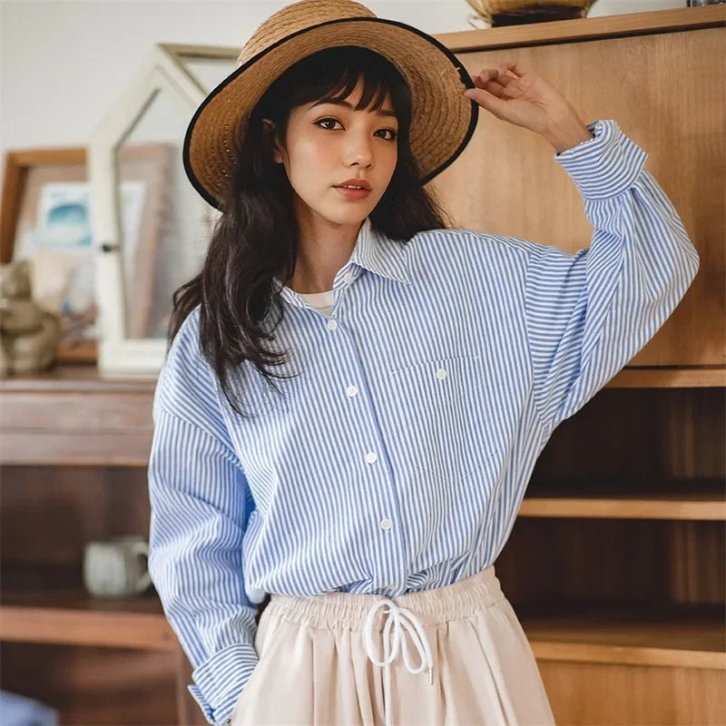 Women's French Classic Blue and White Striped Shirts Oversized Casual Lapel Blouses 2023 Spring Long Sleeve Top Plus Size