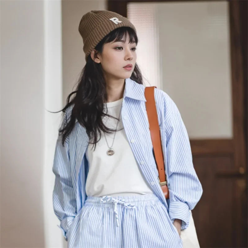 Women's French Classic Blue and White Striped Shirts Oversized Casual Lapel Blouses 2023 Spring Long Sleeve Top Plus Size