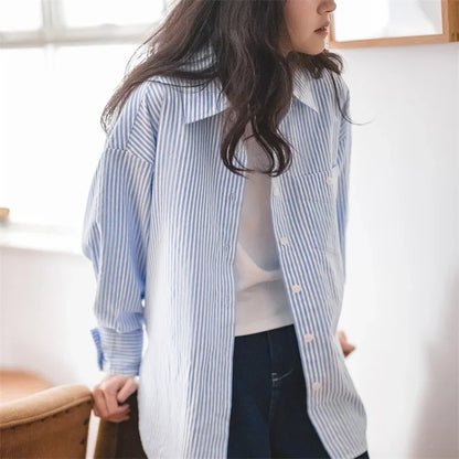 Women's French Classic Blue and White Striped Shirts Oversized Casual Lapel Blouses 2023 Spring Long Sleeve Top Plus Size