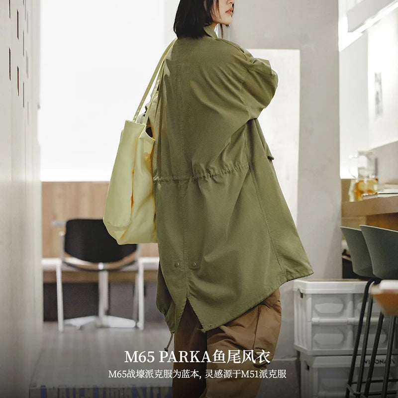 -Women's Green Trench Coat, Large Size, Loose M65 Parka, Fishtail Jacket,Long Outerwears, Autumn Fashion