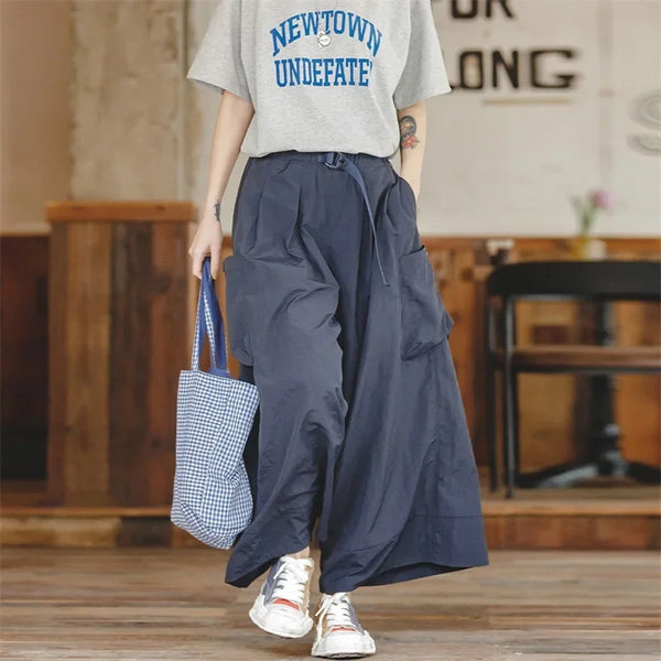 Women's Japanese Casual High Waist Cargo Pants Baggy Pocket Wide Leg Trousers 2023 Summer Oversize A-line Skirt Culottes