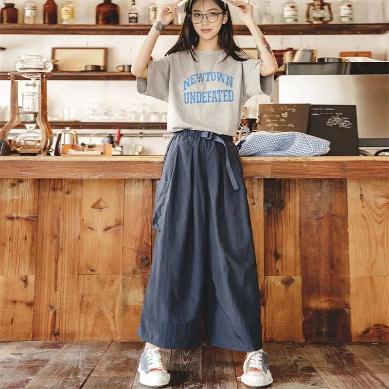 Women's Japanese Casual High Waist Cargo Pants Baggy Pocket Wide Leg Trousers 2023 Summer Oversize A-line Skirt Culottes