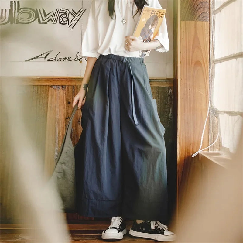 Women's Japanese Casual High Waist Cargo Pants Baggy Pocket Wide Leg Trousers 2023 Summer Oversize A-line Skirt Culottes