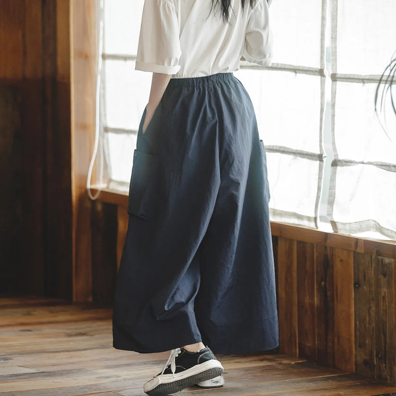 Women's Japanese Casual High Waist Cargo Pants Baggy Pocket Wide Leg Trousers 2023 Summer Oversize A-line Skirt Culottes