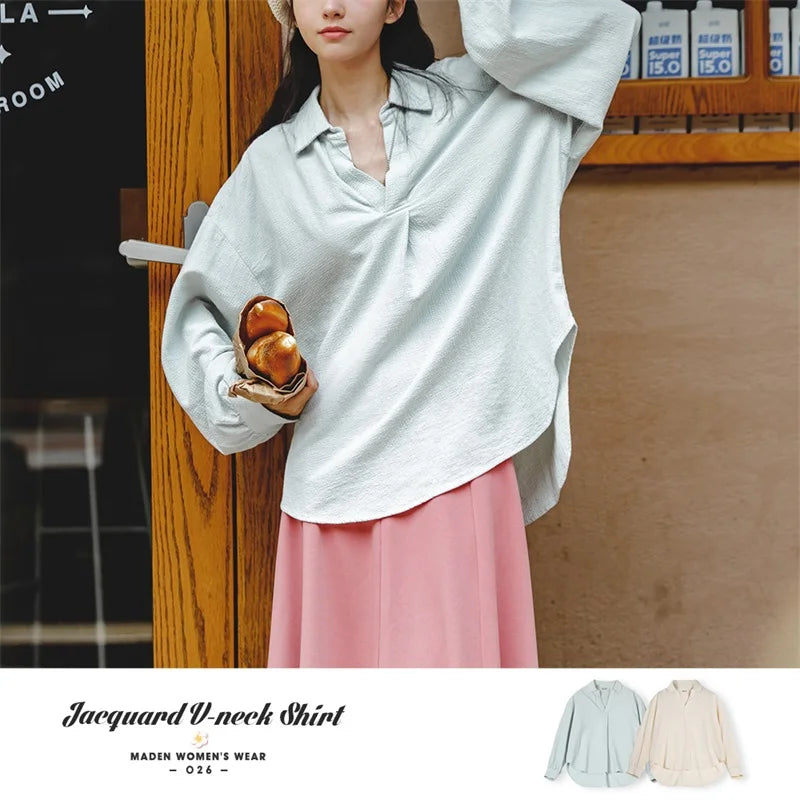 -Women's Japanese Casual Jacquard V-Neck Long Sleeve Shirt, 100% Cotton, Oversize Blouses, Elegant Solid Pullover Tops,